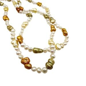 48" Vintage Baroque Pearl Rope Necklace Iridescent Gold Green Endless Freshwater